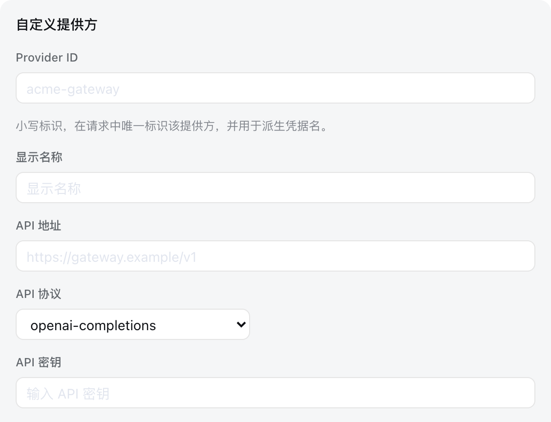 自定义提供方表单：Provider ID、显示名称、API 地址、API 协议、API 密钥