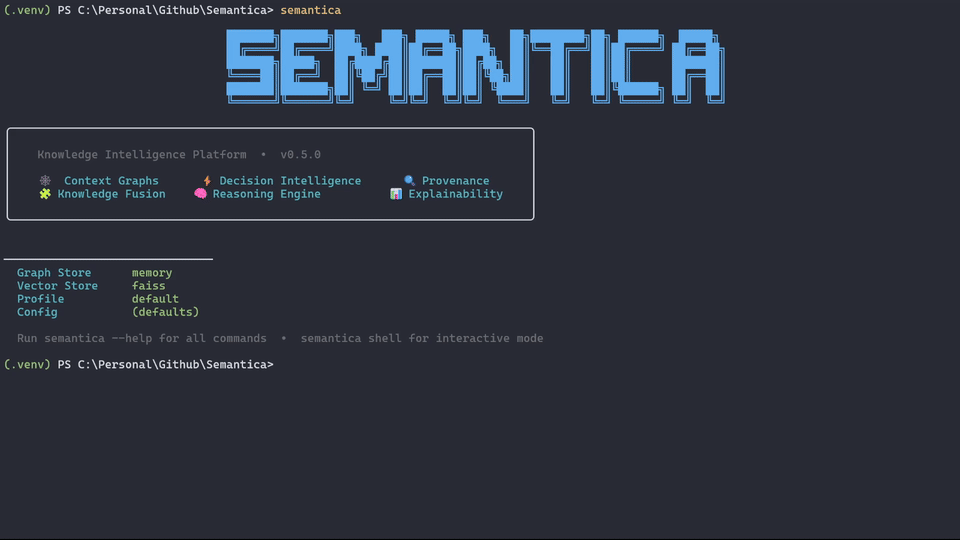 Semantica CLI startup dashboard, health checks, graph build, shell, and grouped commands